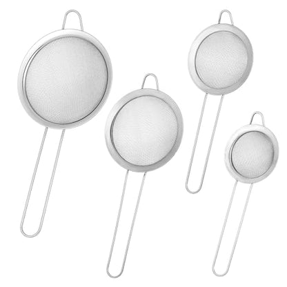 4 Pcs Stainless Steel Fine Mesh Strainer 4 Sizes Small Sieves with Handles Versatile Kitchen Strainer for Steeping Loose Leaf Tea Straining Cocktail Juice and Sifting Flour Sugar