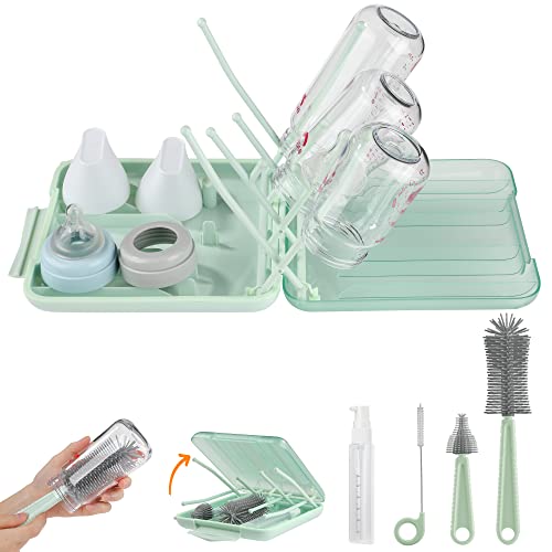 Bottle Brush Set -Baby Travel Essential-6 in 1 Bottle Cleaner Kit with Silicone Bottle Brush,Nipple Cleaner Brush,Straw Brush,Soap Dispenser,Storage Box,Bottle Drying Rack for Home and Travel(Green) - color: Green