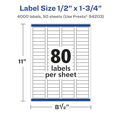 Avery Printable Durable White Rectangle Labels, Sure Feed Technology, 0.5" x 1.75", Waterproof Labels, Laser & Pigment-Based Inkjet Compatible, 4000 Total - style: 4,000 labels
