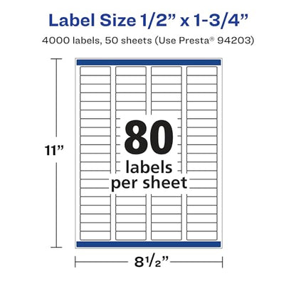 Avery Printable Durable White Rectangle Labels, Sure Feed Technology, 0.5" x 1.75", Waterproof Labels, Laser & Pigment-Based Inkjet Compatible, 4000 Total - style: 4,000 labels
