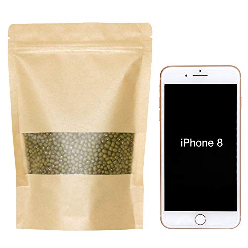 SumDirect Kraft Stand Up Pouches - 50Pcs Resealable Kraft Paper Stand Up Bags with Window, Zipper Disposable Food Storage Bags for Home or Business (50, 5.5x7.8inch) - size: 5.5x7.8inch