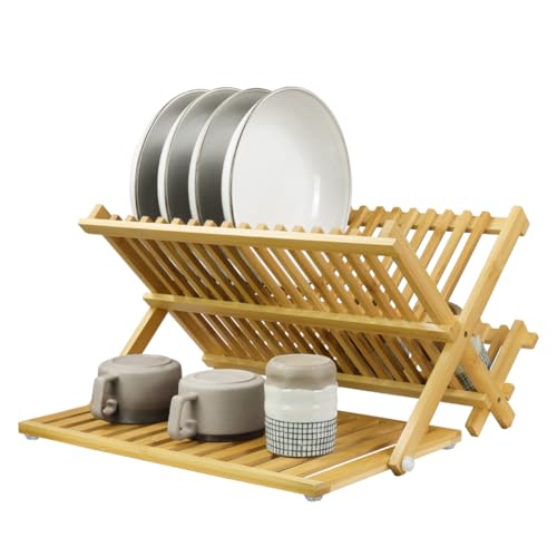 KKTONER Bamboo Dish Drying Rack with Utensil Holder 3 Tier Collapsible Drainer Rack with Dish Drying Mat for Kitchen Counter (Natural)