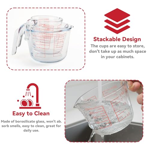 6 Pcs Glass Measuring Cups Set with Lids (Strainer Included) - 1-Cup/2-Cup/4-Cup Nesting Jugs with Easy-Grip Handles, Kitchen Liquid Measuring