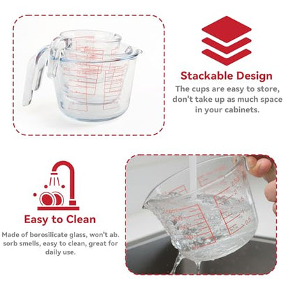 6 Pcs Glass Measuring Cups Set with Lids (Strainer Included) - 1-Cup/2-Cup/4-Cup Nesting Jugs with Easy-Grip Handles, Kitchen Liquid Measuring