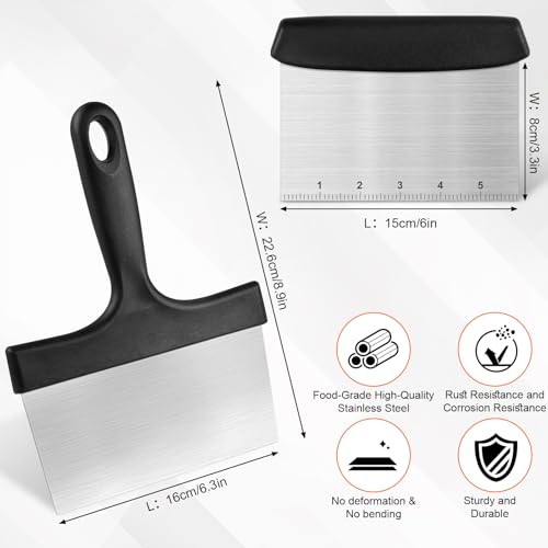 Grill Scraper&Bench Scraper Set，Food Scraper with Handle for Blackstone, Flat Top Grill Cleaning，Premium Stainless Steel Dough Cutter with Measuring Scale for Pastry,Cake,Pizza,Bread,Cooking - style: Grill Scraper&Bench Scraper Set