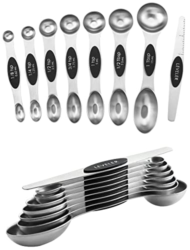Spring Chef Stainless Steel Magnetic Measuring Spoons Set of 8 with Leveler, Dual Sided Metal Teaspoon & Tablespoon Measuring Spoons, Nesting Kitchen Gadgets for Baking & Cooking - 2 Pack - Black - color: Black, size: 2-Pack