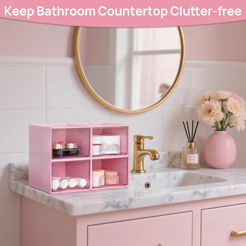 Vtopmart 4 Pack Small Clear Stackable Storage Drawers, Acrylic Bathroom Makeup Organizer, Plastic Storage Bins for Vanity, Undersink, Kitchen Cabinets, Pantry, Home Organization,Pink - style: 4pack-Pink