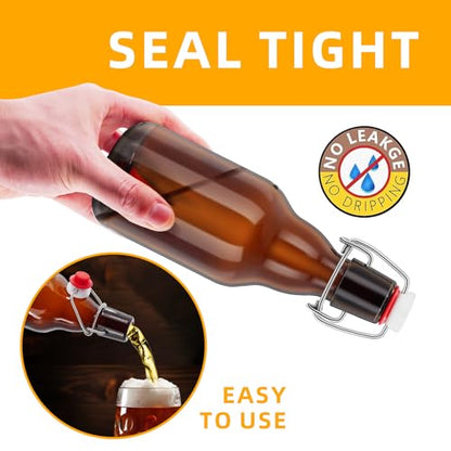 4Pcs Amber Beer Bottles with Flip Caps, 12oz Glass Bottle with Swinging Top for Airtight Lids, Home Brewing and Fermentation Kombucha, Vanilla Extract, Beverage, Water, Kefir