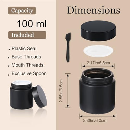 3Pack 4Oz Black Small Glass Jars with Lids, Lotion Container, Cosmetic Containers, Little Travel Jars for Creams with Mini Spoon (Matte Black) - color: Black, size: 3