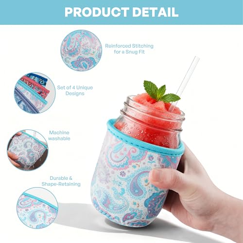 KJQJLY 4 Pcs Mason Jars Sleeves Neoprene 16oz Regular and Wide Mouth Mason Jar Sleeves Holder with Handle (Paisley, 16 OZ) - color: Paisley, size: 16 OZ