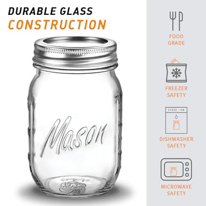 Classic 16 Oz Mason Jars, 6 Pack Canning Jars, Regular Mouth, Airtight & Leak Proof, Dishwasher Safe, Microwave & Freezer Safe, 3.2 x 4.5 x 5.5 inches