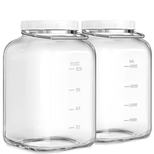 Sovietiep 1.5 Gallon Wide Mouth Glass Storage Jars, Large Glass Jar, 2 Pack | 2 Pack with Airtight Lid & Stainless Handle, 4.3" Wide Mouth, Food Grade Canisters, Gallon Glass Jars with ML/OZ Scale Line