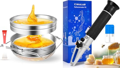 CIMALAB Stainless Steel Honey Strainer, Double Sieve Honey Filter, Honey Filters for 5 Gallon Bucket & CIMALAB Honey Refractometer for Moisture, Brix and Baume, Brix Meter Refractometer with ATC