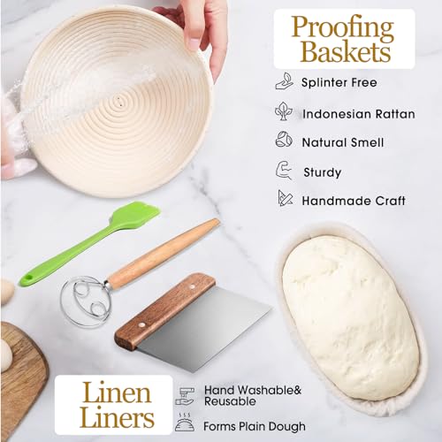 Dimpola Banneton Bread Proofing Basket Banneton Basket Set Sourdough Proofing Basket Round Proofing Bowls Handmade Rattan Baskets and Liners (Oval & Round Baking Set) - style: Oval & Round Baking Set