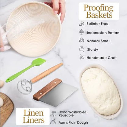 Dimpola Banneton Bread Proofing Basket Banneton Basket Set Sourdough Proofing Basket Round Proofing Bowls Handmade Rattan Baskets and Liners (Oval & Round Baking Set) - style: Oval & Round Baking Set