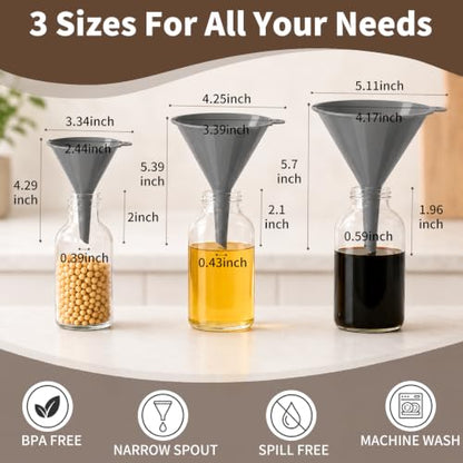 Plastic Kitchen Funnel Set, Round Food Grade Funnels for Kitchen Use Filling Bottles&Canning, Multifunctional Funnels Suitable for Cooking, Lab and Automotive Use, Grey(3 Steel Loops + 1 Clean Brush)