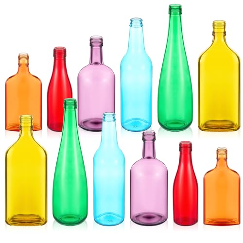 Zhehao 12 Pcs Colored Glass Bottles Colorful Empty Wine Bottles Decorative Glass Bottle for Bottle Tree Garden Yard Outdoor Home Decor (Light Rainbow Color,Flat) - color: Light Rainbow Color, style: Flat