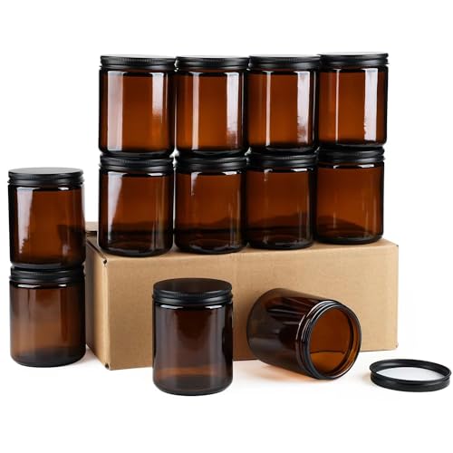 Goiio 6 Pack Amber Glass Jars, 8 Oz Thick Amber Round Glass Jars | with Black Metal Lids, for Spice, Sample, Leakproof and Dishwasher Safe