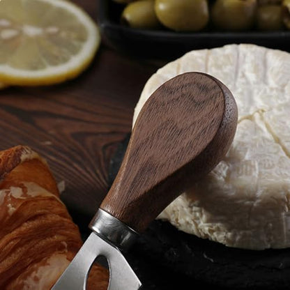 Linwnil 4-Piece Set of Stainless Steel Cheese Knives with Wood Hand, Including Cheese Slicer and Cheese Cutters, Essential Cheese Tools for the Kitchen (Walnut handle, Silver) - color: Silver