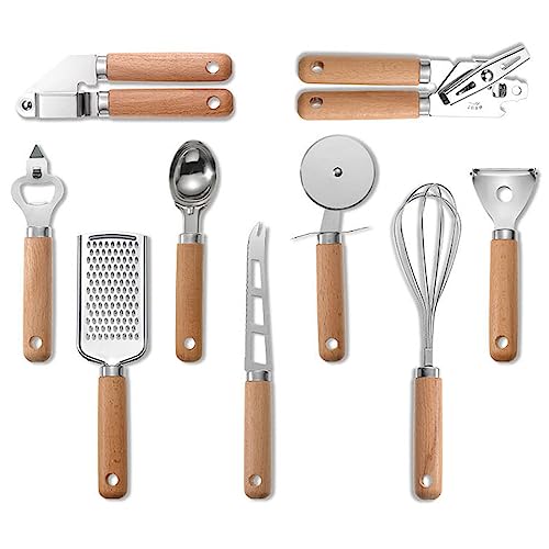 9 Pieces Kitchen Gadget Set with Wooden Handle, Stainless Steel Kitchen Tools Bottle/Can Opener, IceCream Scoop, Pizza Cutter, Peeler, Garlic Press, Cheese Knife/Grater, Whisk. - color: 9pcs kitchen tools