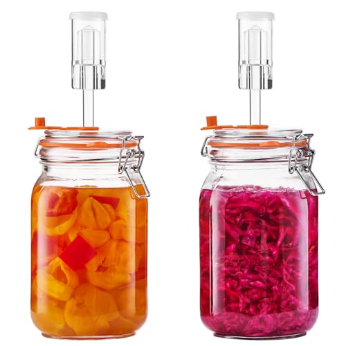 Fermentation Jar, 1.5L Glass Fermenting Kit with Airlocks, 2-Pack | Wide-Mouth Glass Jars With Self-Burping Airlocks for Sauerkraut, Kimchi, Pickles, Mead, Cider and Other Homemade Ferments