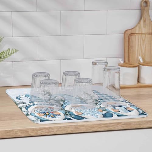 Blue Gnomes Christmas Dish Drying Mat for Kitchen Counter, Microfiber Dishes Drainer Mat Rack Pad, Xmas Tree Snowflake Gifts Absorbent Dish Bottle Drying Mats, 16''x18'', 1 Pack - size: 1PCS-16x18in
