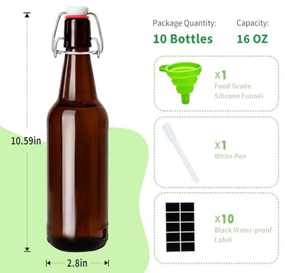 16.5oz Amber Beer Bottles with Flip Caps Set of 10, Swinging Top Glass Brewing Bottles with Airtight Lids for Vanilla Extract, Fermentation Kombucha, Beverage, Water, Kefir, Soda