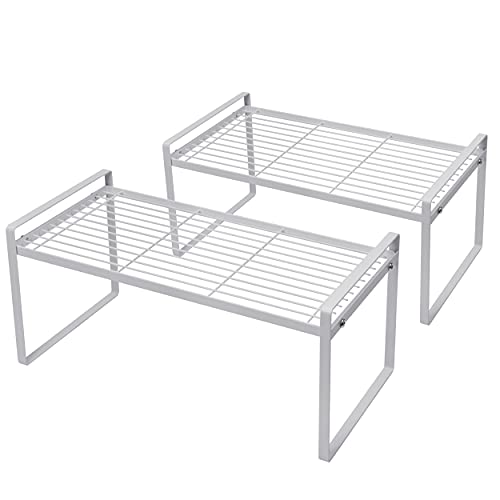 Shantton 2Pack Cabinet Shelf Organizer Storage Rack Space Saving for Kitchen Counter Pantry Bathroom Cupboard Under Sink Office Table Desk Steel Stackable Rust Resistant Heavy Duty Nonslip 16” White - color: White, size: L16" W8.3" H7.3"