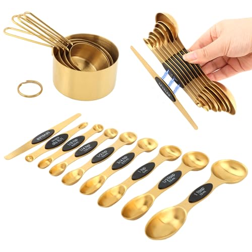 Gold Measuring Cups and Spoons, 13 Piece Stainless Steel | Double-sided design with engraved sizes, narrow end for spice jars, plus leveler for dry ingredients