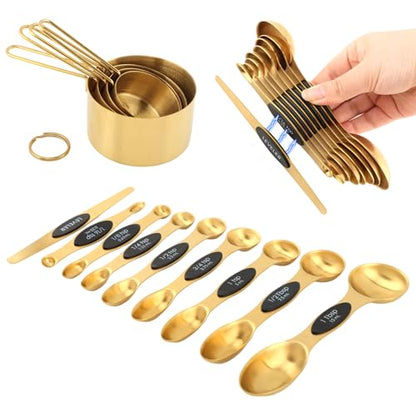 Gold Measuring Cups and Spoons, 13 Piece Stainless Steel | Double-sided design with engraved sizes, narrow end for spice jars, plus leveler for dry ingredients