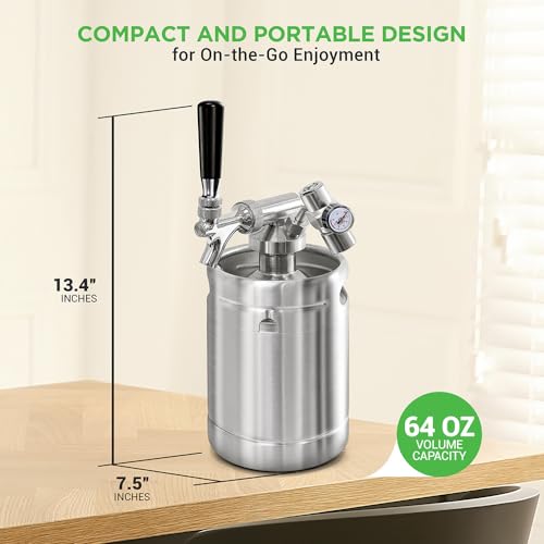 NutriChef Pressurized Growler Tap System, 64oz Stainless Steel Mini Keg Dispenser Portable Kegerator Kit, Co2 Pressure Regulator Keeps Carbonation for Craft Beer, Draft and Homebrew - size: 64oz