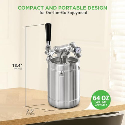 NutriChef Pressurized Growler Tap System, 64oz Stainless Steel Mini Keg Dispenser Portable Kegerator Kit, Co2 Pressure Regulator Keeps Carbonation for Craft Beer, Draft and Homebrew - size: 64oz