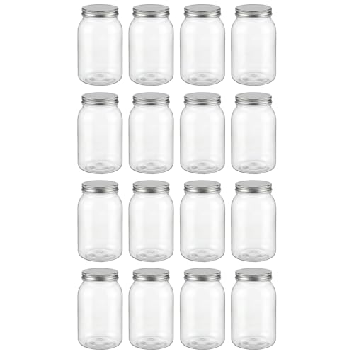 novelinks 32 oz Clear Plastic Jars with Lids and Plastic Mason Jars 32 oz | 16 Pack, Silver, Plastic Quart Containers with Lids, Quart Mason Jars Bulk, Large Jars, Mason Jars for Centerpieces - color: Silver 16Pack