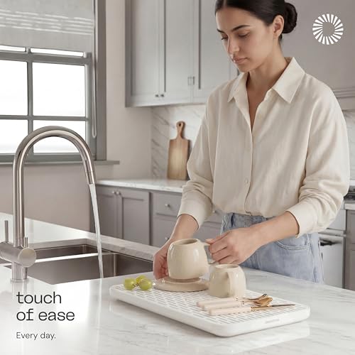Deepstone 3-Layer Stone Dish Drying Mat for Kitchen Counter - Diatomaceous Earth Quick Dry Mat with Removable Plastic Topper and Non-Slip Base Pad, 16 x 9 in (White)