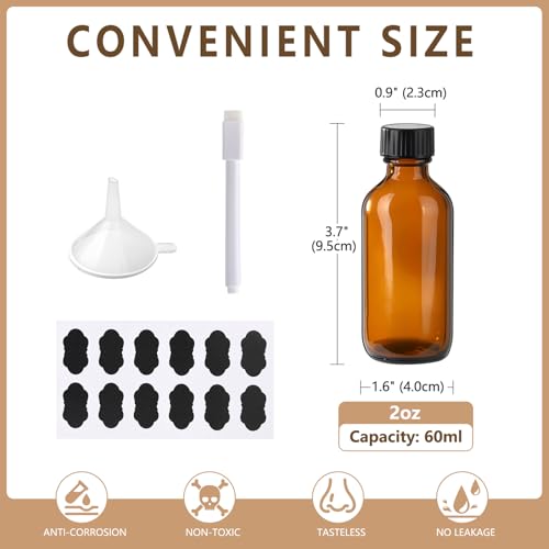 24 Pack 2 oz Amber Boston Glass Bottle With Black Poly Cap, Funnel, Dispensing Bottles for Homemade Vanilla Extract, Essential Oils, Wedding Christmas Decor - size: 2oz 24Pack