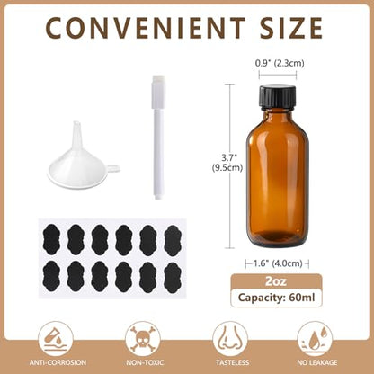 24 Pack 2 oz Amber Boston Glass Bottle With Black Poly Cap, Funnel, Dispensing Bottles for Homemade Vanilla Extract, Essential Oils, Wedding Christmas Decor - size: 2oz 24Pack