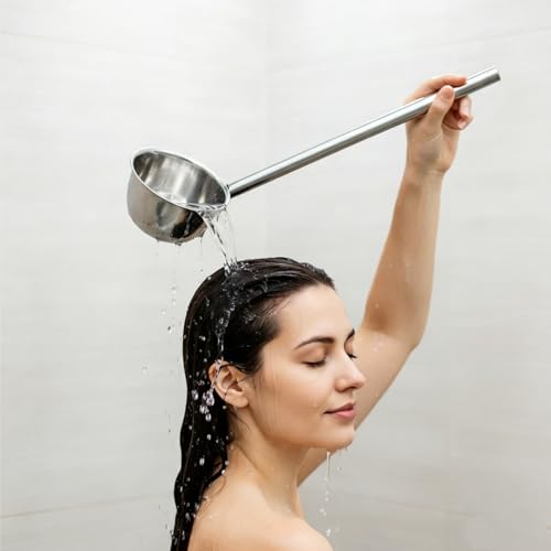 ZEAYEA 2 Pack Stainless Steel Water Ladle, 13.5" Metal Long Handle Water Dipper for Bath Rinse, Hair Washing Spoon Garden Watering Scoop for Bathroom Kitchen