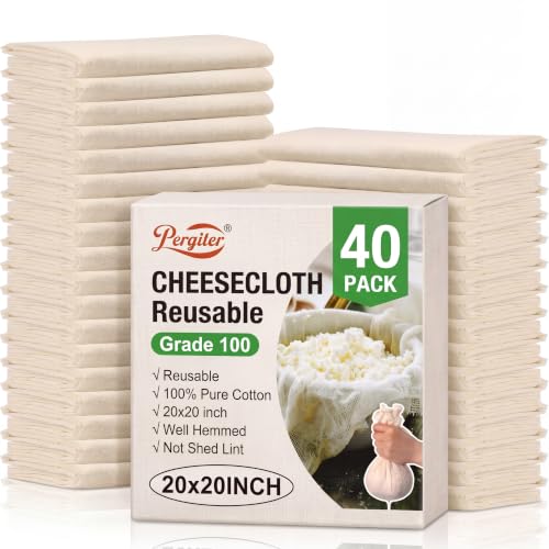 Peryiter 40 Pcs 20 x 20 Inches Cheese Cloths Bulk, Grade 100, Hemmed Reusable Cheesecloth Bag for Straining Unbleached Cotton Muslin Cloth for Cheese Making, Cooking, Baking, Butter, Juicing, Turkey