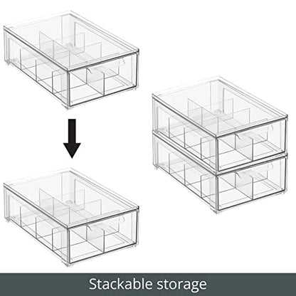 mDesign Plastic Kitchen and Pantry Organizer with Divided Drawer - Stackable Bin with 8 Sections for Tea and Snack Food - Perfect for Organizing Cabinet, Fridge - Lumiere Collection - 2 Pack - Clear