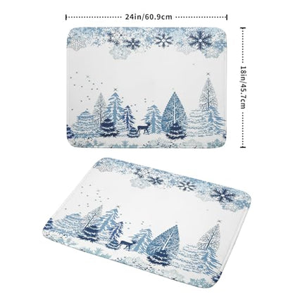 Giwawa Winter Blue Snowflake Dish Drying Mat Christmas Tree Kitchen Counter Dish Drainer Mats Xmas Forest Deer Moose Dish Dry Pad Bottles Protector for Kitchen Countertop Coffee Bar, 18x24 inch Large