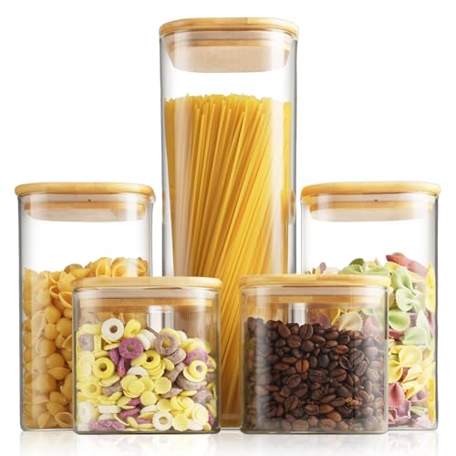 Glass Spaghetti Pasta Storage Container - 5 Pack Airtight Food Storage Jar Set with Bamboo Lid Labels - Square Kitchen Pantry Canister Organizers for Cookies Candy Coffee Bean Sugar Tea Spice Flour - size: 82oz*1/48oz*2/24oz*2