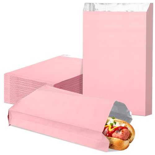 EUSOAR Foil Bags for Food, 100 Pcs 6.3"x10.3"x1.6" Pink Hamburger Bags Hot Dog Wrappers Aluminum, Greaseproof Kitchen Bag Pouches Fast Food Storage Bag for Hot Sandwich Sacks Wrapping Take-out Bags - color: Pink, size: 6.3x10.3x1.6 Inch