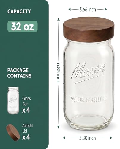 4 Pack 32 oz Glass Jars, Wide Mouth Mason Jars with Acacia Wood Airtight Lids for Food Storage, Snacks, Meal Prep & Lunch Leakproof - color: 4 Pack - Acacia Wood