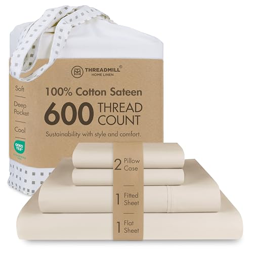 Threadmill 100% Cotton Sheets for Queen Size Bed - 600 Thread Count Queen Bed Sheets Set with 16” Deep Pocket - Sateen Weave 4-Piece Bedding Set with Cooling Effect, Beige - color: Light Beige Solid, size: Queen