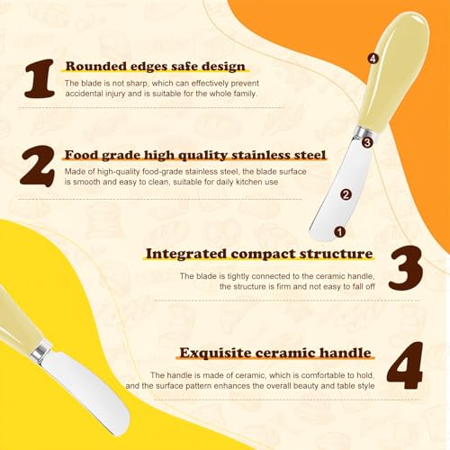 Butter Spreader Knife Set, 2-Pack Stainless Steel Cheese and Butter Knives with Ceramic Handle, Dishwasher Safe, for Soft & Hard Cheese, Jam, Cold Butter (light yellow) - color: light yellow