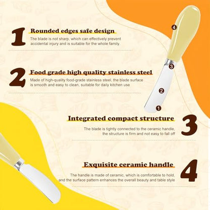 Butter Spreader Knife Set, 2-Pack Stainless Steel Cheese and Butter Knives with Ceramic Handle, Dishwasher Safe, for Soft & Hard Cheese, Jam, Cold Butter (light yellow) - color: light yellow