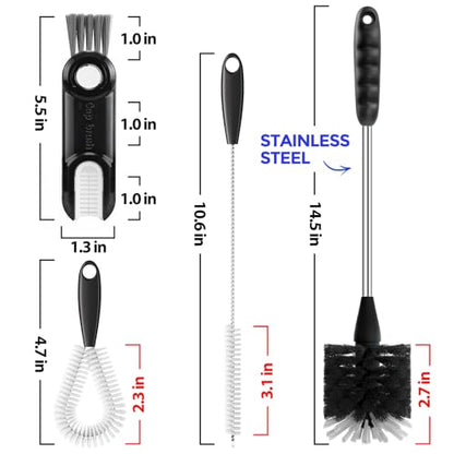 Holikme 4Pack Bottle Brush Set, 14" Long Handle Stainless Steel Bottle Brush, Straw Brushes, Cup Cleaner Brush, 3-in-1 Bottle Cleaning Brush for Water Bottle, Antistatic Lab Brushes, Straws Black - color: Black