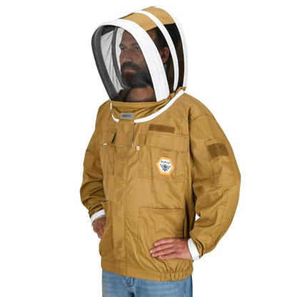 Beekeeping Jacket with Fencing Veil - Breathable Cotton Beekeeper Suit with YKK Zippers & Protective Hood (BP-101-Brown)-M - color: Khaki, size: Medium