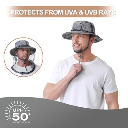 Mosquito Head Net Hat UPF 50+ Sun Protection Bug Hat for Men Women | Sun Visor Style, Perfect for Safari, Hiking, Beekeeping, Camping & Gardening - color: Dark Grey Camouflage