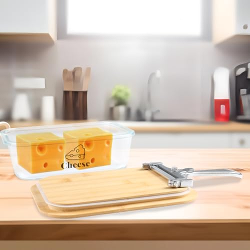 Cheese Container for Refrigerator,Glass cheese slice holder with Wooden Lid&Cheeses Cutter,Lunch Deli Meat Containers for Fridge,BPA-Free Shredded Cream Block Cheeses Storage Box keeper